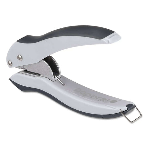 EZ Squeeze One Hole Paper Punch For 10 Sheets With No Jam Tech, ultra lightweight office tool in gray blue with ergonomic grip side view.