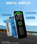 Tiny But Mighty Mini Electric Bike Pump With 120 PSI Presta And Schrader Valve Fast Inflate Ultra Portable showing digital display.