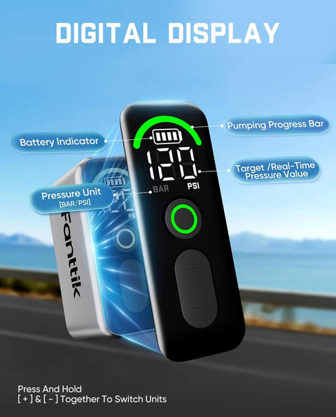 Tiny But Mighty Mini Electric Bike Pump With 120 PSI Presta And Schrader Valve Fast Inflate Ultra Portable showing digital display.