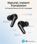 Adaptive Noise Cancelling Wireless Earbuds With Real Time Translation And Hi Res LDAC Audio displayed with multilingual greetings.