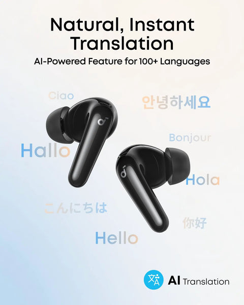 Adaptive Noise Cancelling Wireless Earbuds With Real Time Translation And Hi Res LDAC Audio displayed with multilingual greetings.