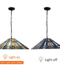 Two Light Tiffany Style Pendant Light Fixture 16 Inch Large Mission Vintage Stained Glass Hanging Lamp shown lit and unlit
