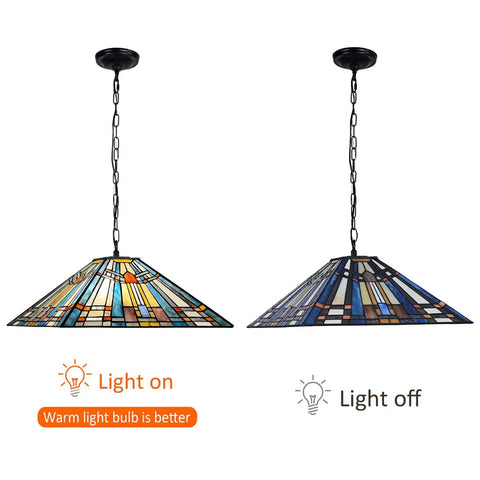 Two Light Tiffany Style Pendant Light Fixture 16 Inch Large Mission Vintage Stained Glass Hanging Lamp shown lit and unlit