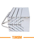 Heavy Duty Stainless Steel Toolbox With Dang Tough Carry Handle Features Four Tier Seven Tray Folding Cantilever Rack For Garage Shop Or Home Office Delivers Heaps Of Nifty Tool Storage And Slick Parts Sorting Daily, viewed from the side with handle.
