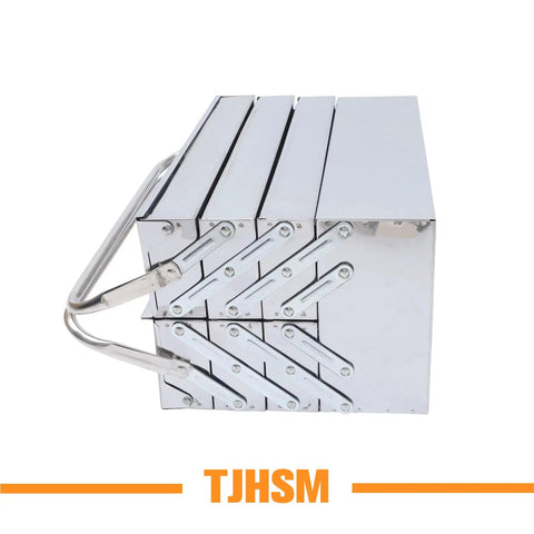 Heavy Duty Stainless Steel Toolbox With Dang Tough Carry Handle Features Four Tier Seven Tray Folding Cantilever Rack For Garage Shop Or Home Office Delivers Heaps Of Nifty Tool Storage And Slick Parts Sorting Daily, viewed from the side with handle.