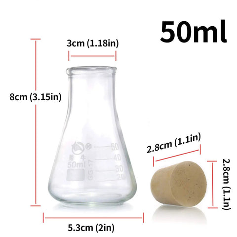 50ml borosilicate Erlenmeyer flask with stopper, part of Must Have Three Piece Glass Erlenmeyer Flask Set With Rubber Stoppers