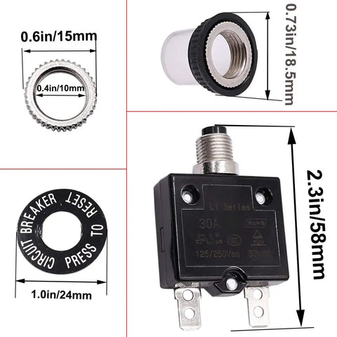 Push Button Thermal Circuit Breaker 15A For 125 250VAC With Manual Reset Waterproof Button Cap L1 Series Overload Protector, 18.5mm