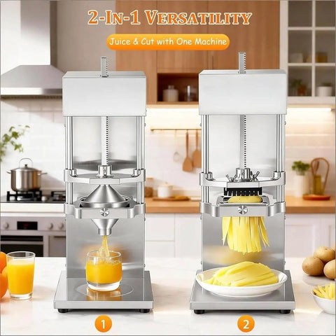 Heavy Duty 2 In 1 Electric French Fry Cutter Juicer Press Automatic Dicer With 3 Blades For Potatoes Carrots Cucumbers Citrus in kitchen.