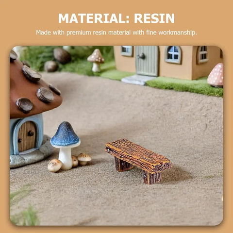 Miniature Resin Bench Set For Fairy Gardens And Dollhouses, tiny park bench on sandy terrain near fairy houses and mushrooms.