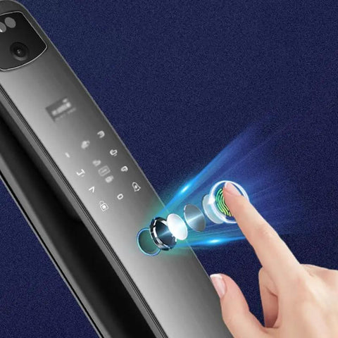 Close-up of High Performance Easy Peasy Waterproof Smart Door Lock with biometric scanning feature and sleek design.