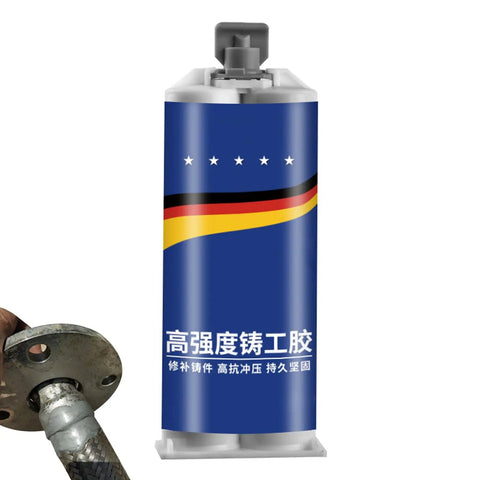 Two Part Pro Grade Industrial Strength Metal Bonding Paste For Structural Restoration High Temperature Adhesive Gel With Hardener Cold Weld Sealant For Pipes And Tough Surfaces Permanent Weld Substitute Without Welding Equipment with blue packaging and pipe application.