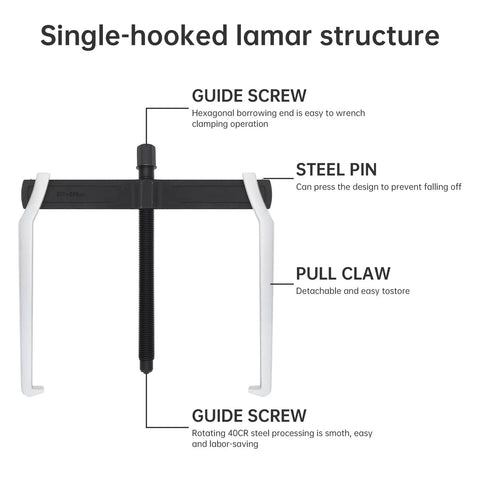 Single-hook lamar structure of Heavy Duty 20 Inch Two Jaw Gear Puller with guide screw and detachable pull claw.