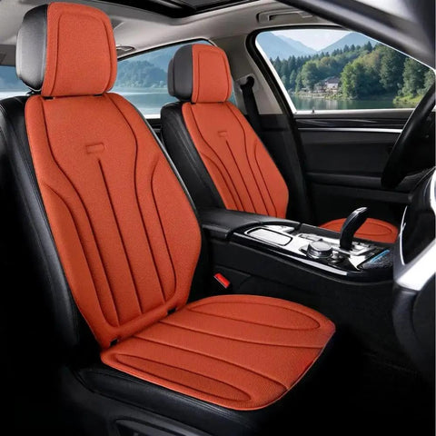 Breathable Car Seat Cushions Full Set With Seaweed Fiber Backrest And Headrest Covers Featuring Solid Non Slip Silicone Base and Airbag Safe Design To Crush Summer Heat And Keep Your Daily Drive Fresh in orange fabric.