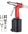 Pneumatic Rivet Gun Kit With Four Nosepieces 3/32 Inch 1/8 Inch 5/32 Inch And 3/16 Inch For Flexible Riveting In Metal Fabrication Automotive And Construction Projects Built For Real World Jobs Lightweight Durable And Easy To Use, red air rivet gun with four nosepieces and wrenches