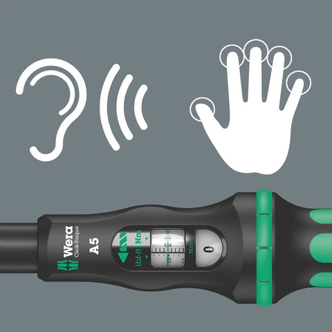 Pro Grade Click Torque Wrench With Reversible Ratchet, 2.5 To 25 Nm, features audible and tactile feedback symbols next to handle.