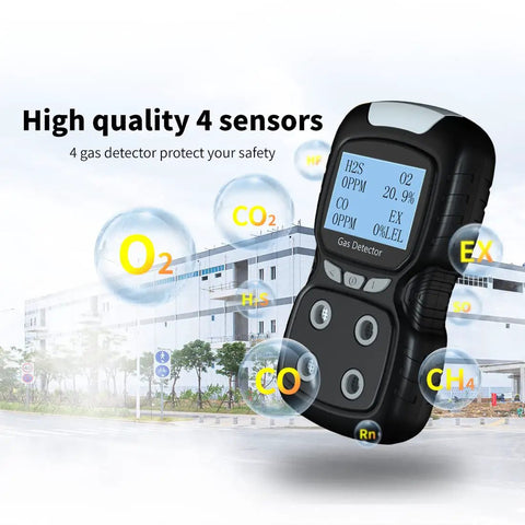 Portable Four Gas Detector With Pro Grade Rechargeable LCD Display And Audible Alarm For Oxygen Carbon Monoxide Hydrogen Sulfide And Explosive Gases Lightweight Air Quality Tester With Easy Calibration And Two Year Warranty, handheld