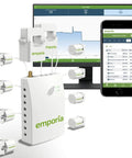 Smart Home Energy Monitor With Eight 50A Circuit Level Sensors For Real Time Power Readouts, Solar Net Metering Ready, Clamp Sensor Install In Most Homes, DIY Friendly With Pro Electrician Recommended shown with phone and monitor display
