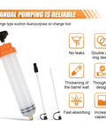 Heavy Duty 500CC Auto Fluid Extractor Pump With Reinforced Suction Hose For Quick No Sweat Oil Drains Grease Pull Coolant Swap And Fuel Transfer On Cars Trucks Rvs And Boats showing syringe type oil change tool with adapters and clear barrel.