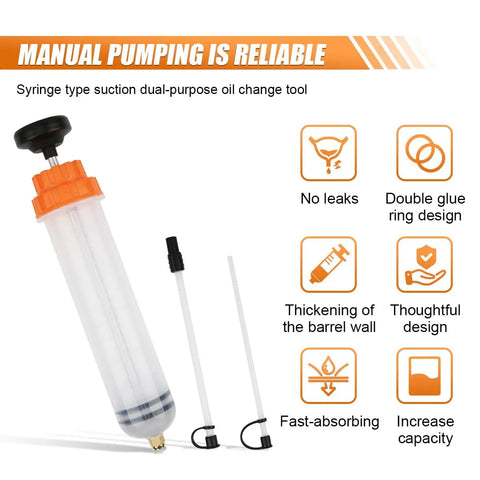 Heavy Duty 500CC Auto Fluid Extractor Pump With Reinforced Suction Hose For Quick No Sweat Oil Drains Grease Pull Coolant Swap And Fuel Transfer On Cars Trucks Rvs And Boats showing syringe type oil change tool with adapters and clear barrel.