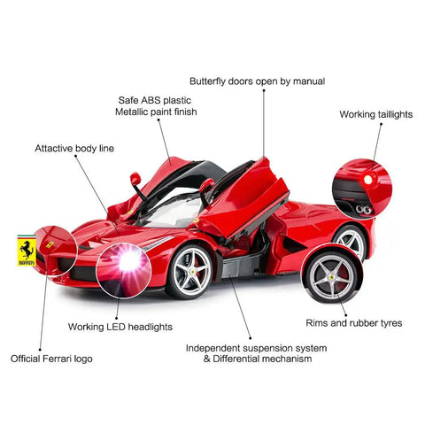 Ferrari LaFerrari Licensed One Fourteenth Scale RC Car With Realistic Interior And Exterior Details Dope Butterfly Doors Working Headlights And Taillights Spring Suspension Remote Control Toy For Boys And Kids Red with open butterfly doors and illuminated headlights.