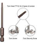 Get The Job Done Right With This 1 Pc Magnetic Torx Head Screw Driver Bit Set featuring Long 75mm Shafts And A Secure 1/4 Inch Hex Shank These Security Tamper Proof Bits Are Made From Heavy Duty S2 Steel To Prevent Stripping and Breakage ensuring a tight - TT10 Torx head with two screws.