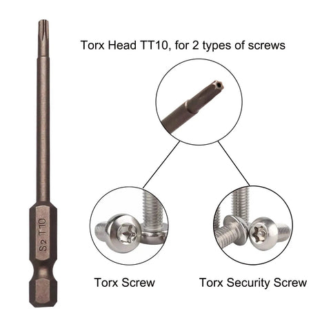 Get The Job Done Right With This 1 Pc Magnetic Torx Head Screw Driver Bit Set featuring Long 75mm Shafts And A Secure 1/4 Inch Hex Shank These Security Tamper Proof Bits Are Made From Heavy Duty S2 Steel To Prevent Stripping and Breakage ensuring a tight - TT10 Torx head with two screws.