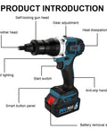 No Wire Drama Cordless Rivet Gun Set Featuring A Heavy Duty 52 Ah Rechargeable Battery For Automotive Trucks RV and Home Furniture DIY Projects Nut Gun Tool with LED light and anti-slip grip.