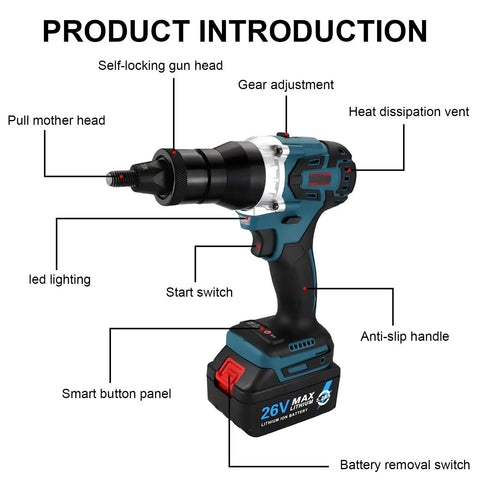 No Wire Drama Cordless Rivet Gun Set Featuring A Heavy Duty 52 Ah Rechargeable Battery For Automotive Trucks RV and Home Furniture DIY Projects Nut Gun Tool with LED light and anti-slip grip.