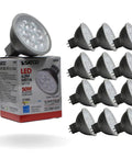 Hot 6.5W LED MR16 Bulbs Pack Of 12, 2700K Warm White, GU5.3 Bi-Pin Base, dimmable, shown with packaging and bulb arrangement.