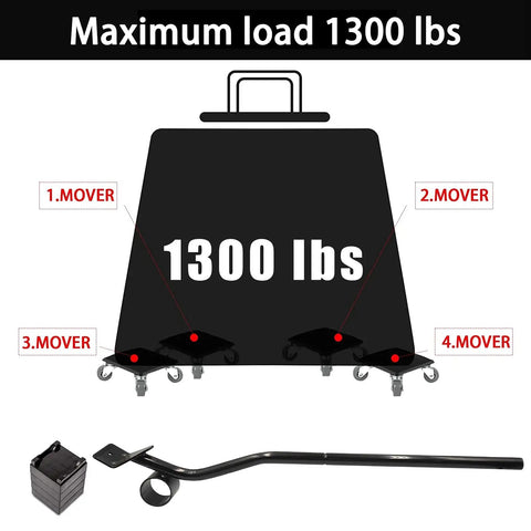 Move Your Heavy Furniture And Big Appliances Like Fridges And Washers With Ease Using This Beefy Dolly Set That Handles Up To 1300 Pounds Includes Lifting Tool Oversize Wheels And Non Slip Pads For No Sweat Moving. Diagram showing 1300 lb capacity dolly set with four movers and lifting tool.