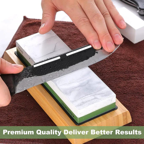 Sharpening knife with Two Sided Whetstone Knife Sharpener With 1000 And 6000 Grit Wet Stone Kit, shown on anti-slip base