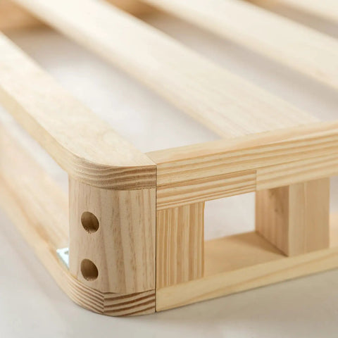 Close-up of the sturdy frame of Full Size 4 Inch Low Profile Wood Box Spring Mattress Foundation with thick slats.