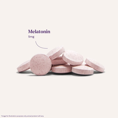 Melatonin 5 Mg Fast Dissolve Sleep Tablets Strawberry Flavor 150 Count tablets stacked, close-up view