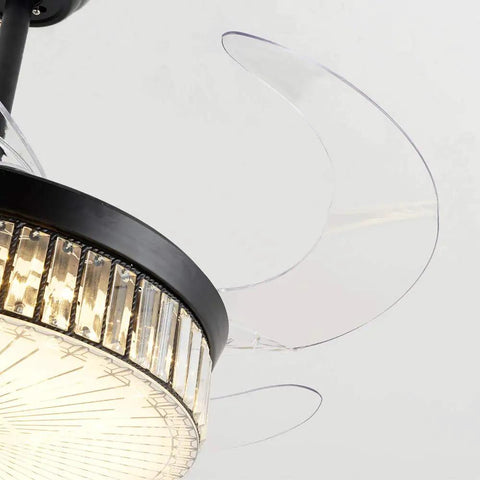 Close-up of retractable blade on crystal ceiling fan lights with remote retractable blades 42-inch black chandelier ceiling fan.