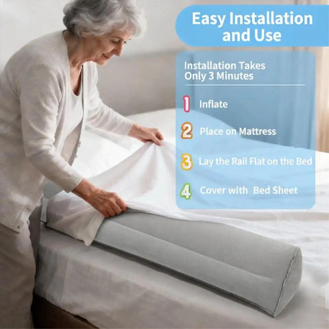 Senior woman installing Secure Non Shift Inflatable Bed Rail For Seniors With Universal Fit From Twin To King Quick 3 Minute Setup