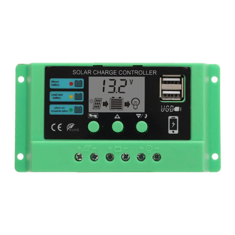 PWM Solar Charge Controller With Adjustable LCD Display For 12V 24V Systems, Durable Green Shell, Built To Last With Short Circuit Open Circuit Reverse Connection And Overload Protection, No Fuss Setup For Home And Small Business Use, 20A. Front view with LCD and USB ports