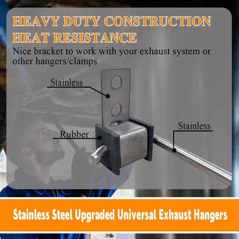 Exhaust Hanger Rod 10 Inch Stainless Steel 3/8 Inch Thick With Mount Bracket And Rubber Isolator displayed on mechanic background