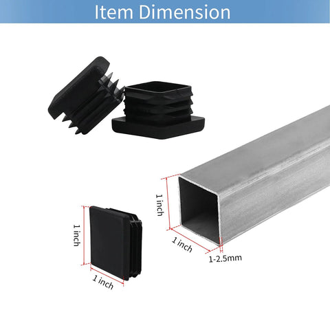 12 Pack 1 Inch 1x1 Square Tube End Caps Plastic Plugs For Square Tubing Black Durable Fitting with dimension details