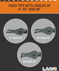 Lang Tools 12-piece fixed-tip snap ring pliers set with 0°, 45°, and 90° tips.