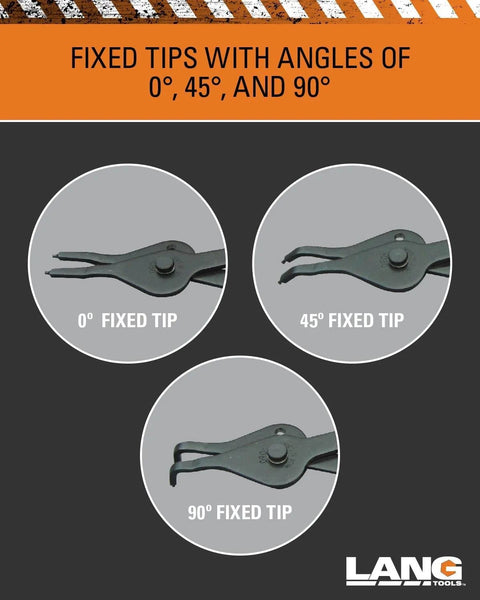 Lang Tools 12-piece fixed-tip snap ring pliers set with 0°, 45°, and 90° tips.
