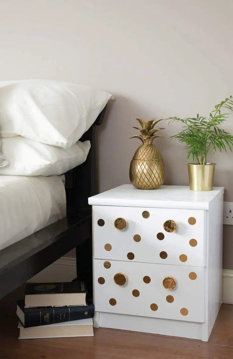 Whitewood Self-Adhesive Decorative Film 17 Inch By 78 Inch Roll Peel And Stick for cabinets with polka dot design next to bed