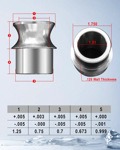 Bombproof Hardened 1.25 Inch Heim Joint Rod End Kit with detailed dimensions and wall thickness for drag racing projects.