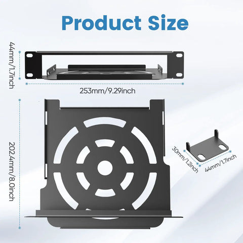 Slick 1U Rack Mount Bracket For Mac Mini M1 And M2 Models dimensions shown, 10x8 heavy duty steel suitable for server cabinets.