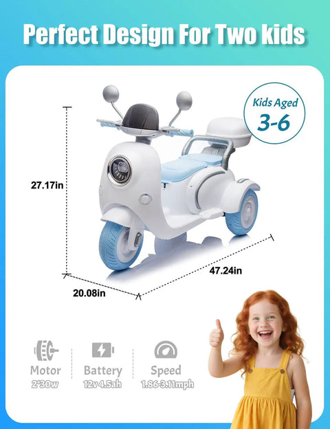 2 Seat Kids Motorcycle Ride On Toy With 12V Dual Motors 3 Wheel Electric Bike For Kids Ages 3 And Up With USB Bluetooth Lights