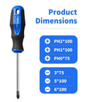 Blue Magnetic Tip Screwdriver with Phillips head, cushioned grip handle, heat-treated CR-V steel, shown with dimensions.