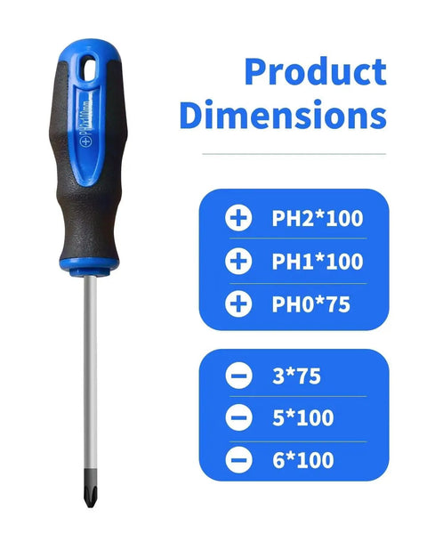 Blue Magnetic Tip Screwdriver with Phillips head, cushioned grip handle, heat-treated CR-V steel, shown with dimensions.
