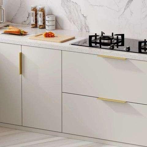 Slick Brushed Brass Finger Pulls For Kitchen Cabinets 10 Pack 10 Inch Center Heavy Duty Aluminum Handle on cream cabinets.