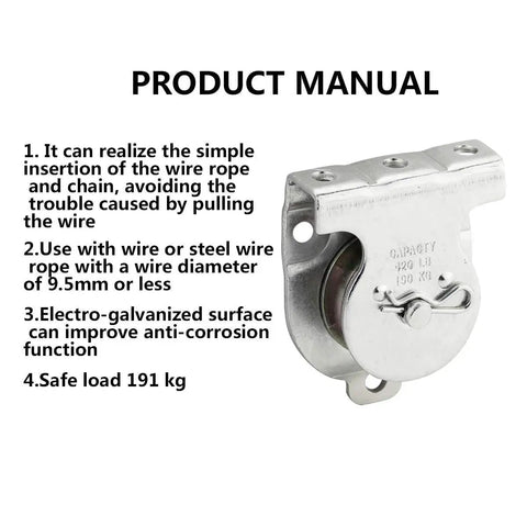 Heavy Duty Zinc Plated Ceiling And Wall Pulley System With One And A Half Inch Single Pulleys, Premium Zinc Plated Iron Construction For Corrosion Resistance And High Load Bearing, Multipurpose Garage, Workshop Or Home Projects, 4 Pack, product manual image