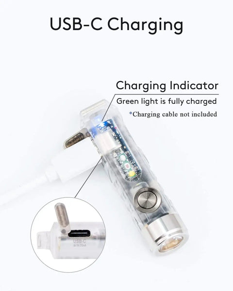Aurora A8 G4 Keychain Flashlight USB C Rechargeable 5000K High CRI 420 Lumens showing charging indicator and USB-C port close-up