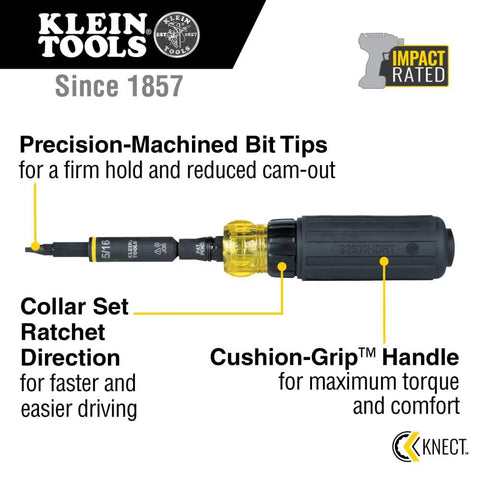 11-In-1 Ratcheting Screwdriver And Nut Driver Kit with Cushion-Grip handle, precision-machined bit tips, and impact rated feature.